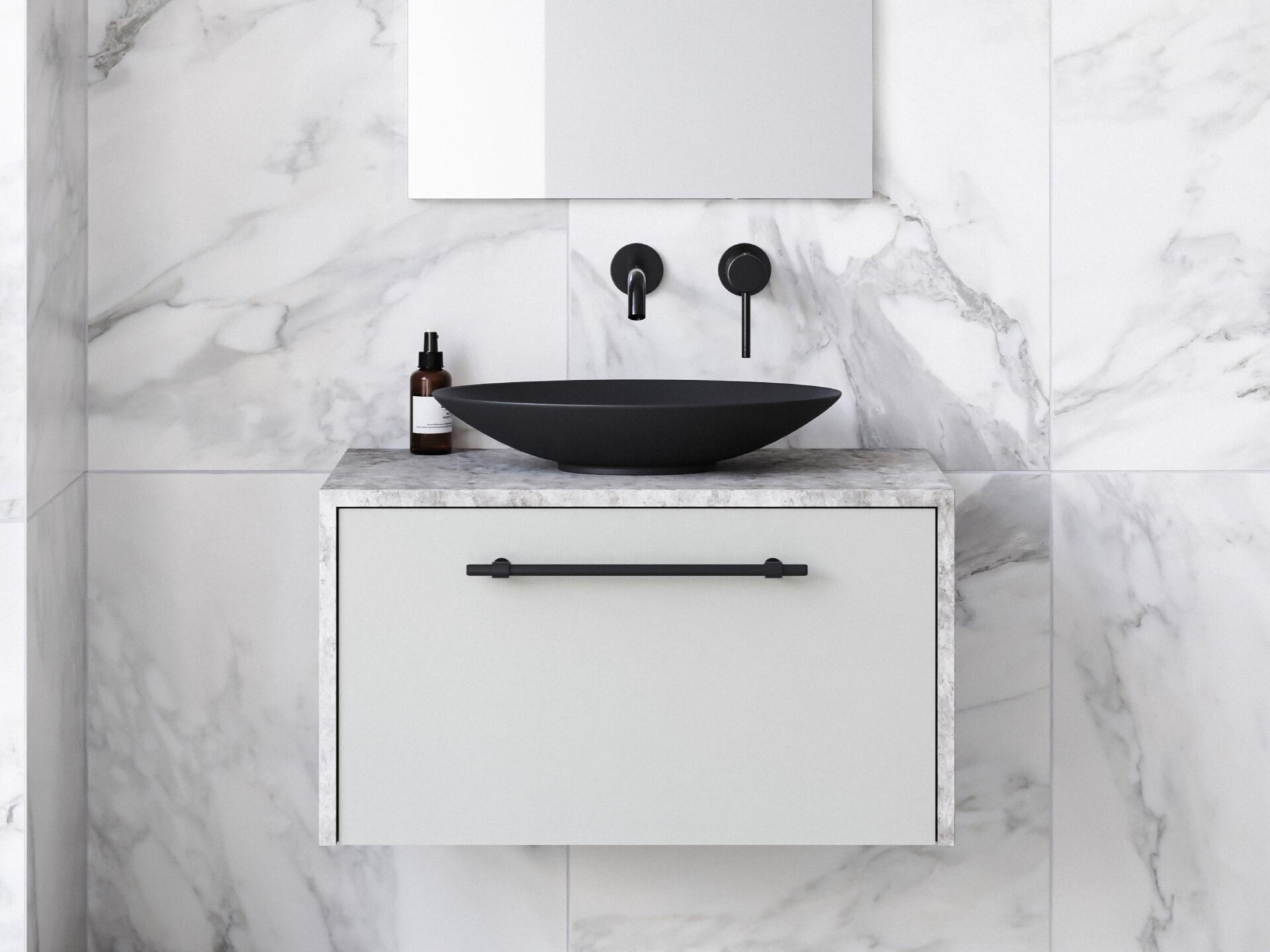 Ainsworth Vanity 750mm | AIN-V-750-C-SSA-W | Light Grey Satin Cabinet with Grigio Stone SilkSurface Top and Black Matt Feather Ceramic Basin | Shown with Basin Colour Upgrade | UPG-OPT-BASCOLOUR | ADD $144
