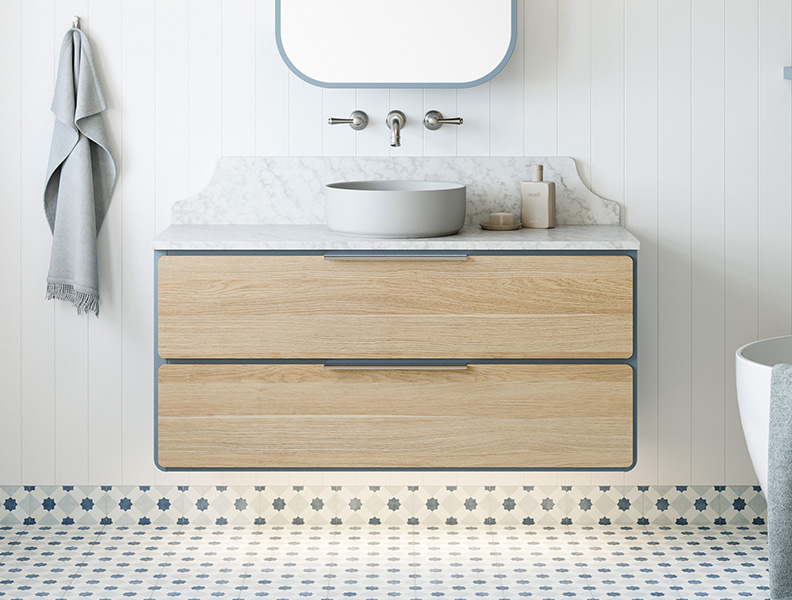 Colby Vanity with Woodgrain Front and Saxby Blue Satin Sides