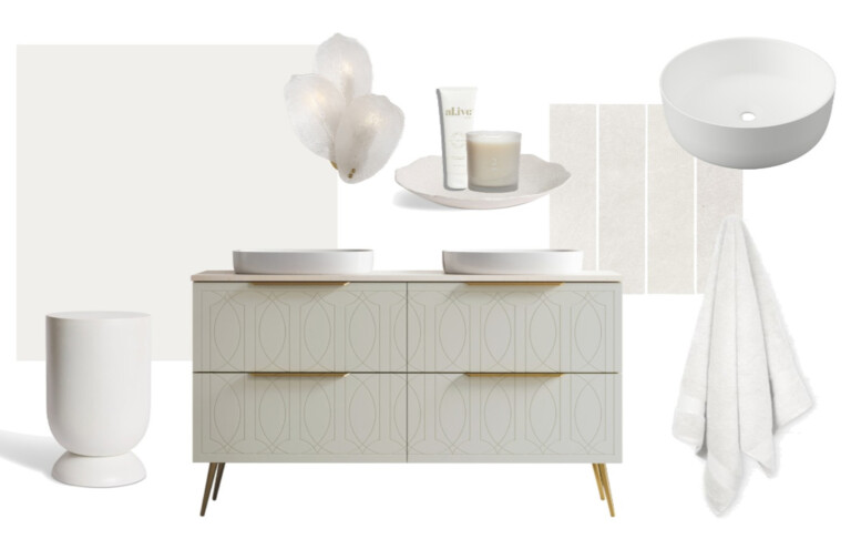 Mood board featuring Pantone Cloud Dancer, Timberline Sutherland House Regency Vanity, White Matte Allure Ceramic Basin, and other decor items such as a white stool, white towel, wall light and bathroom tray.