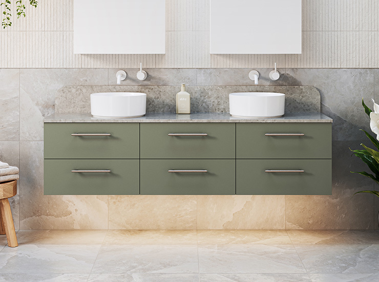 Green all-drawer vanity with white ceramic basins